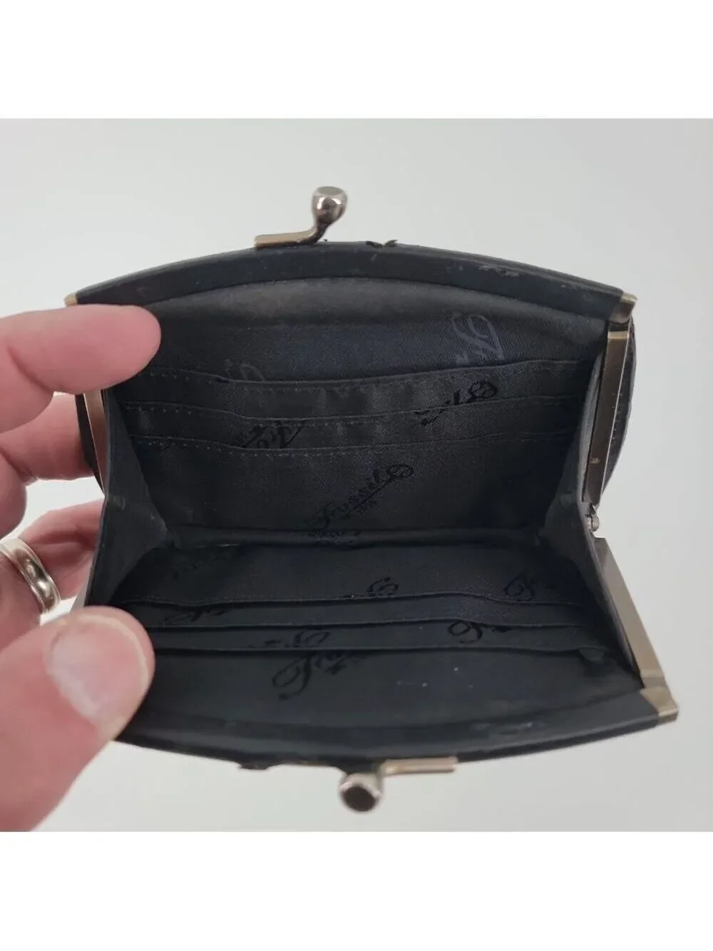 Fossil Leather & Hair-On Hide Frame Wallet Red Black Kiss Lock Clutch